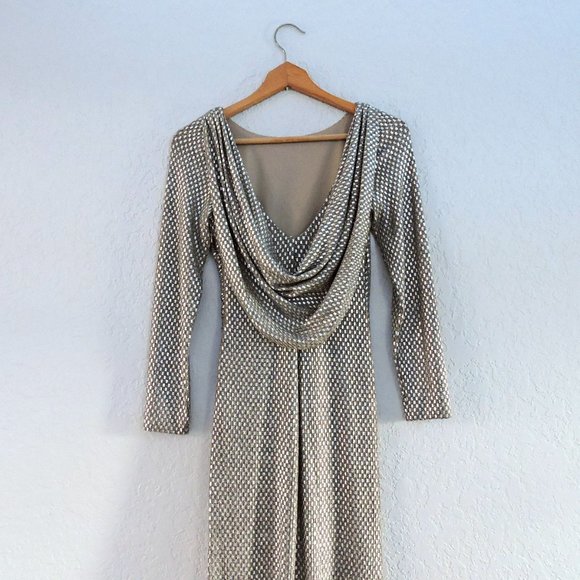 Eliza J gorgeous gown dress silver beige metallic drape back ruched side - Picture 3 of 10